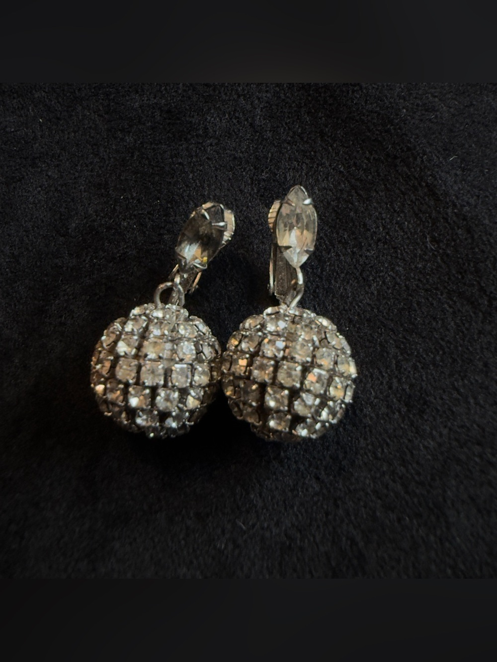 Vintage Silver Crystal Pave Clip-On Drop Earrings